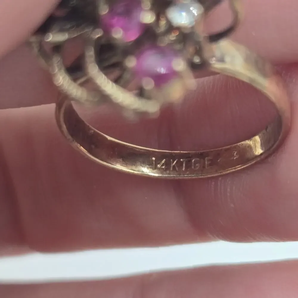 Vintage 14k HGE Purple Red Clear Stone Cocktail Multi Layer Ring Sz 7.75 Glam